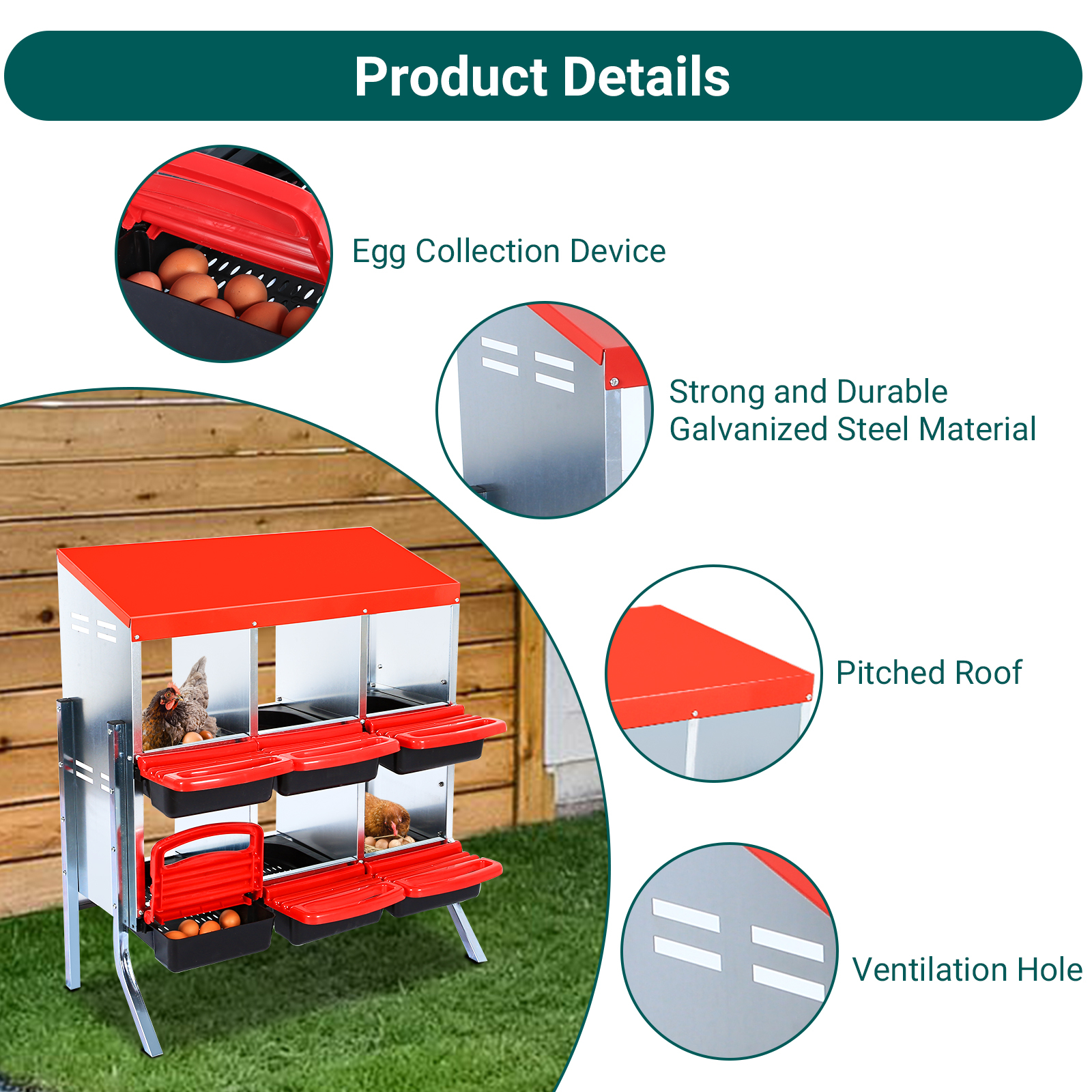 Chicken Nesting Box, 6/8/10 Hole Chicken Nesting Boxes with legs, Chicken Laying Box with Lid Cover, Roll Away Nest Box for Chicken Coop to Protect Eggs, Red/Green